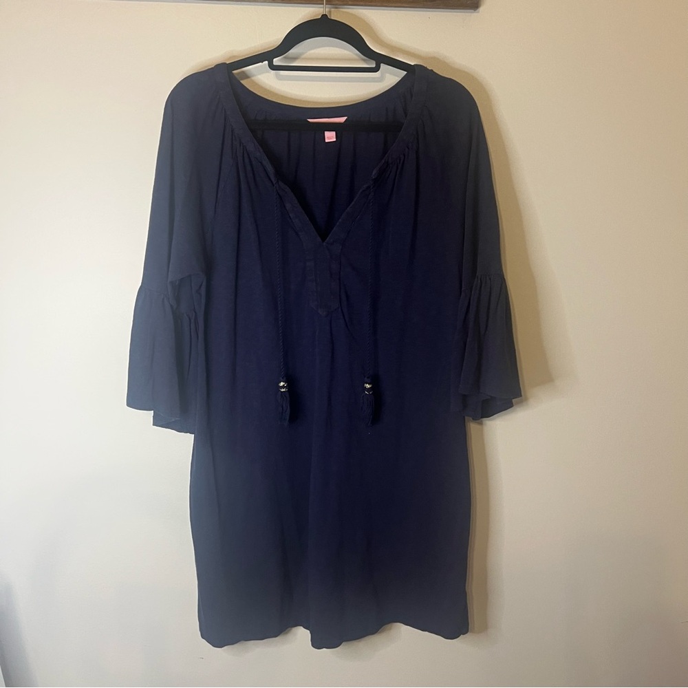 Lilly Pulitzer Navy Tassel Tie Bell Sleeve‎ Tunic Dress Size Large